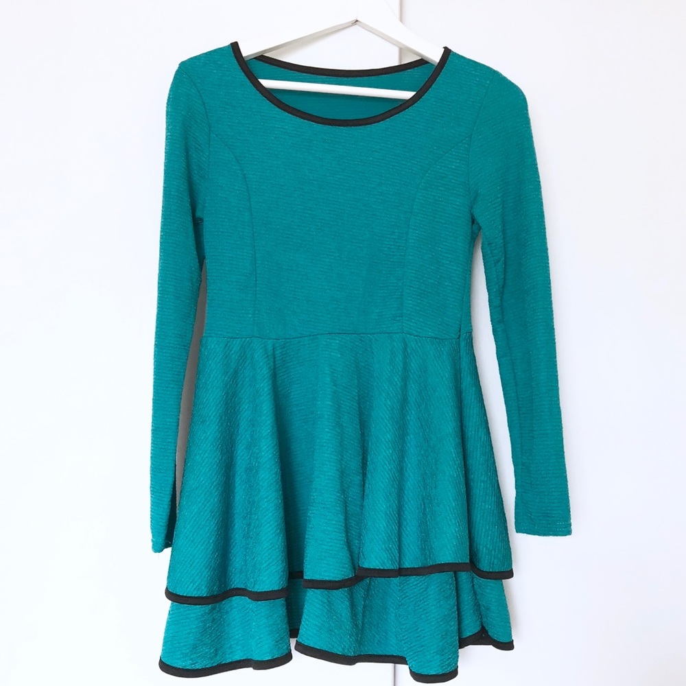 Teal ruffle a line knit dress